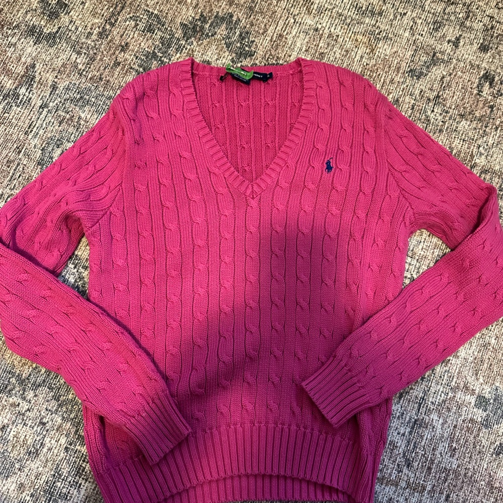 Ralph Lauren sport pink V Neck cable knit sweater